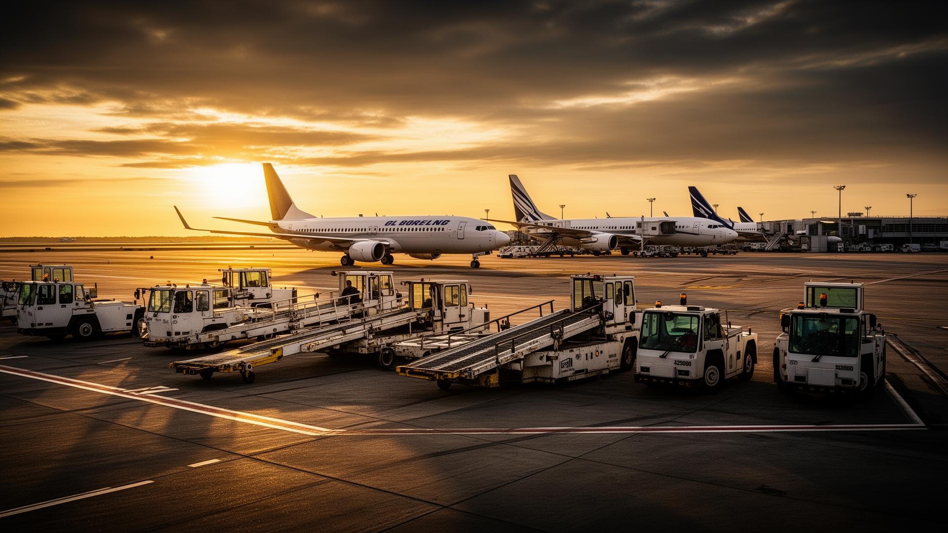 Commercial aircraft at airport gate with ground support equipment fleet including belt loaders, tugs, and catering trucks during ground operation